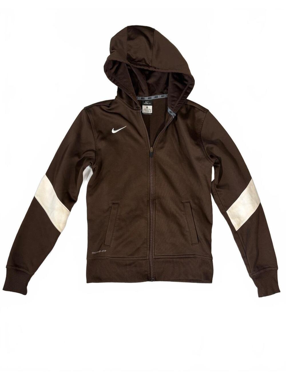 Vintage Nike Therma-FIT Brown Full Zip Hoodie White Stripe Arm Size XS Y2K